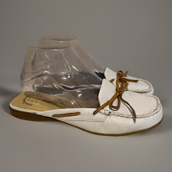 VTG Thom McAn Leather Slip On Mules Flats Women 6 White Comfort Old Money Japan - Picture 1 of 10